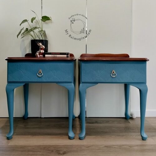 Blue Queen Anne style bedside tables. Deco style, mid century, vintage