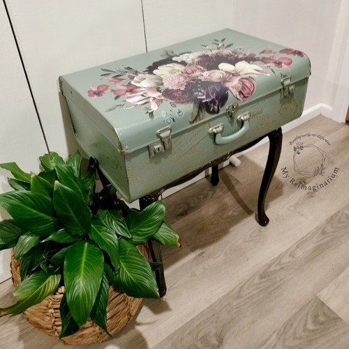 Quirky, suitcase, upcycled, vintage, floral transfer.